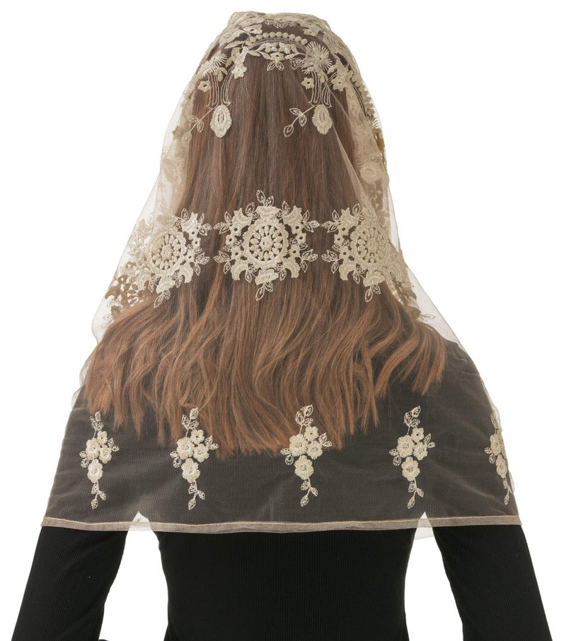 PAMOR Gold Embroidered Traditional Vintage Inspired Infinity Veil Mantilla Veils Mass Head Covering - Image 2
