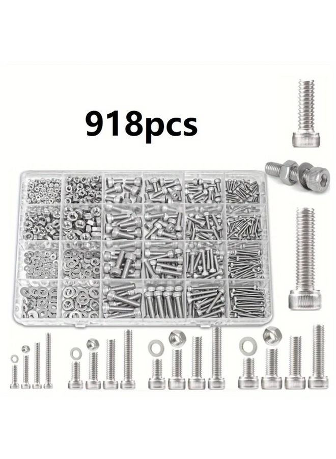 918 Pcs 304 Stainless Steel Bolts Nuts Washers Kit M2 M3 M4 M5 Hex Flat Head Assortment Anti Rust Silvery - Image 2