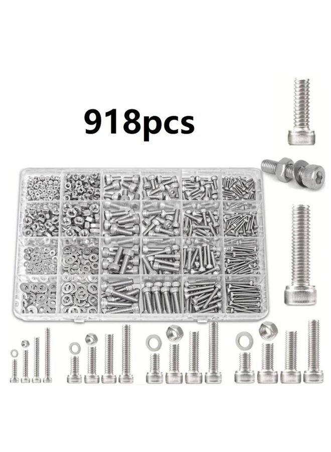 918 Pcs 304 Stainless Steel Bolts Nuts Washers Kit M2 M3 M4 M5 Hex Flat Head Assortment Anti Rust Silvery - Image 1