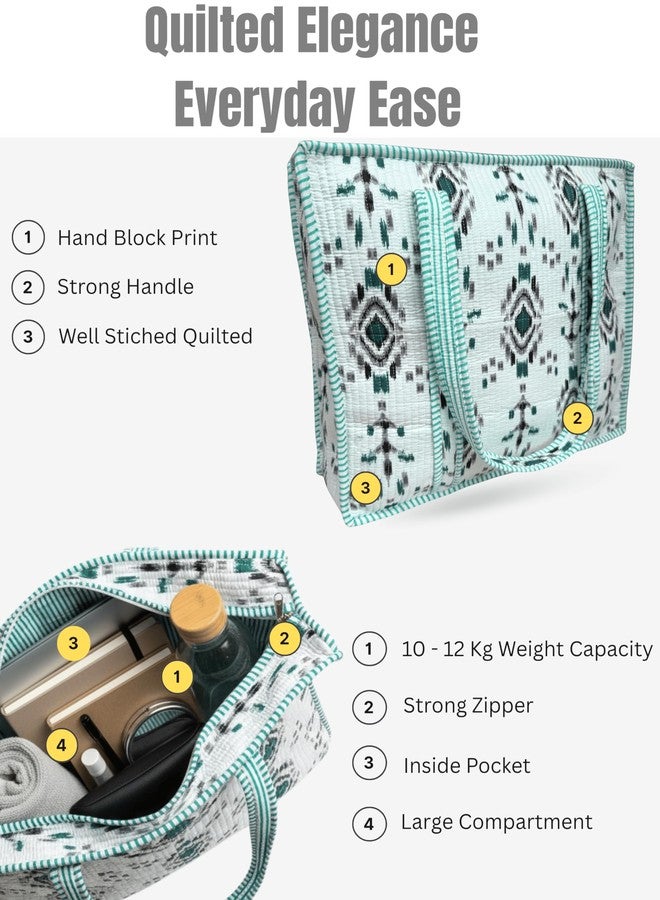 Third Eye Export 100% Cotton Quilted Tote Bag 18x16- Large Zipper Beach Bag & Travel Bag Green Purse Reusable Grocery Bags, Snow White Atlantic Gull Floral Print, 18X16 Inches - Image 4