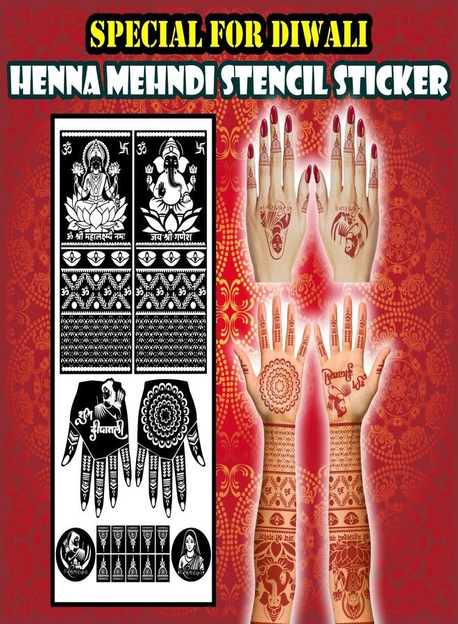 Komstec Flower, Sun, Swastika, Om & Diwali Pooja Full Hand Mehndi Stencil Sticker for Women, Girls & Festival - Image 3