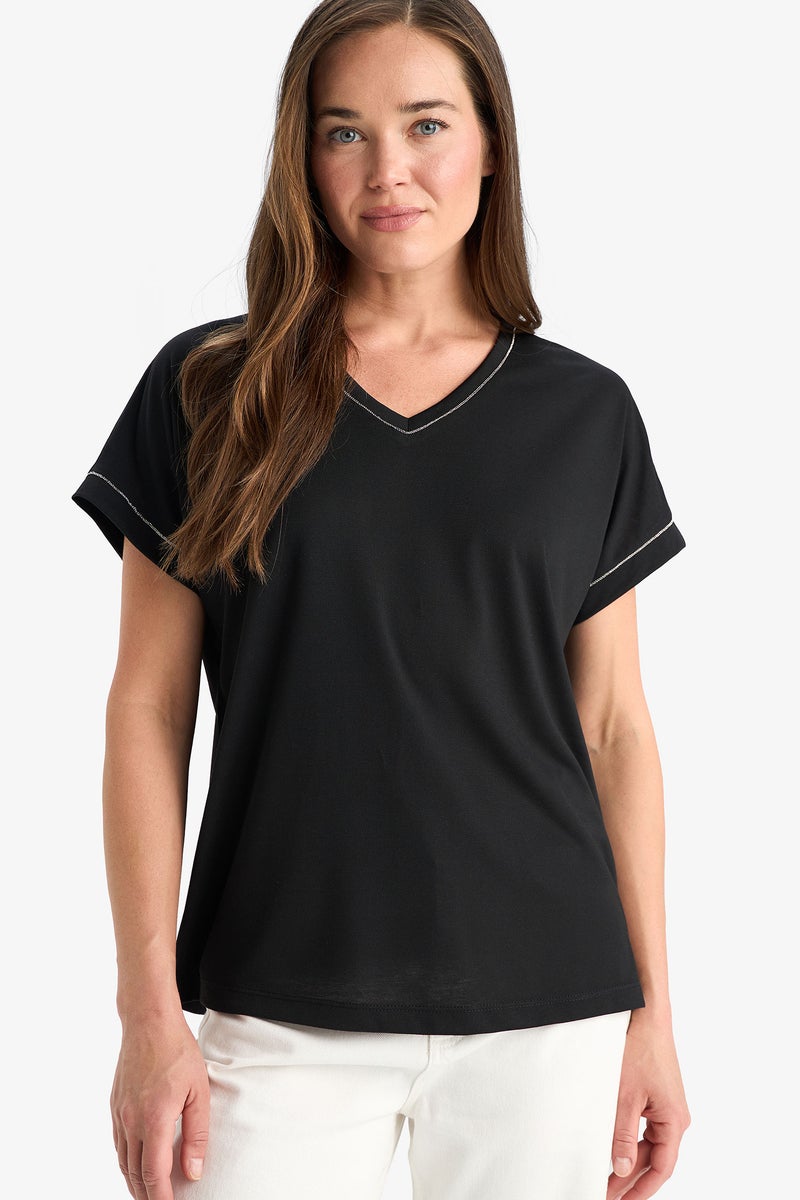 DeFacto Woman Basic V Neck Plain Short Sleeve T Shirt  - Image 2