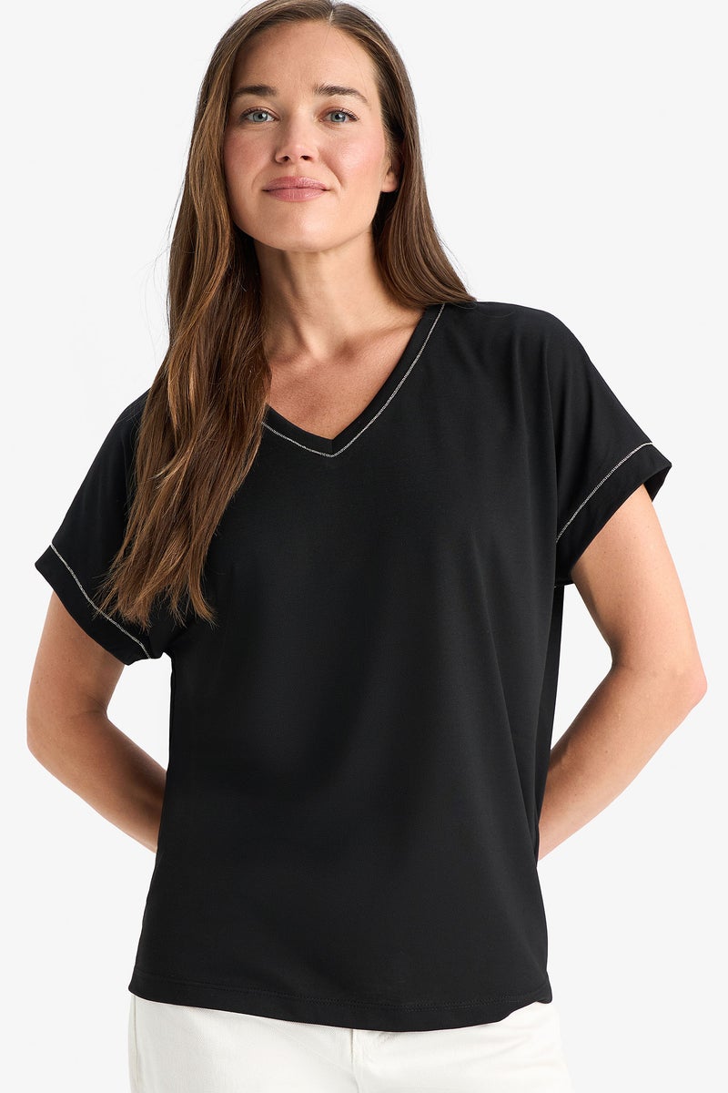 DeFacto Woman Basic V Neck Plain Short Sleeve T Shirt  - Image 1