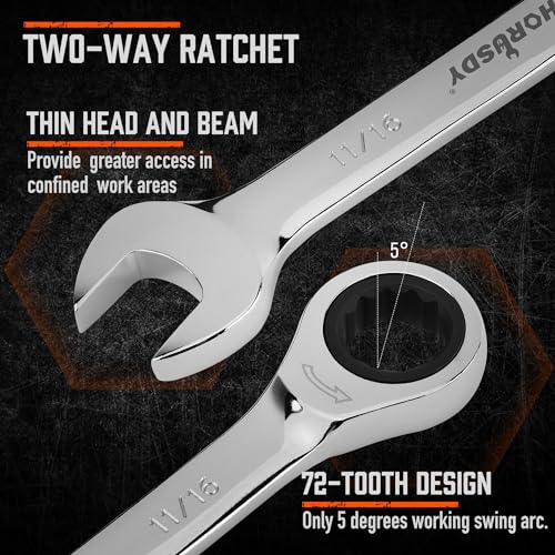 HORUSDY 24-Piece Ratcheting Wrench Set | Metric and SAE | Ratchet Combination Wrenches Set with Organizer | 72-Tooth | Chrome Vanadium Steel | 6-18 mm & 1/4” to 3/4“ (24-Piece) - Image 4