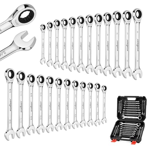 HORUSDY 24-Piece Ratcheting Wrench Set | Metric and SAE | Ratchet Combination Wrenches Set with Organizer | 72-Tooth | Chrome Vanadium Steel | 6-18 mm & 1/4” to 3/4“ (24-Piece) - Image 1