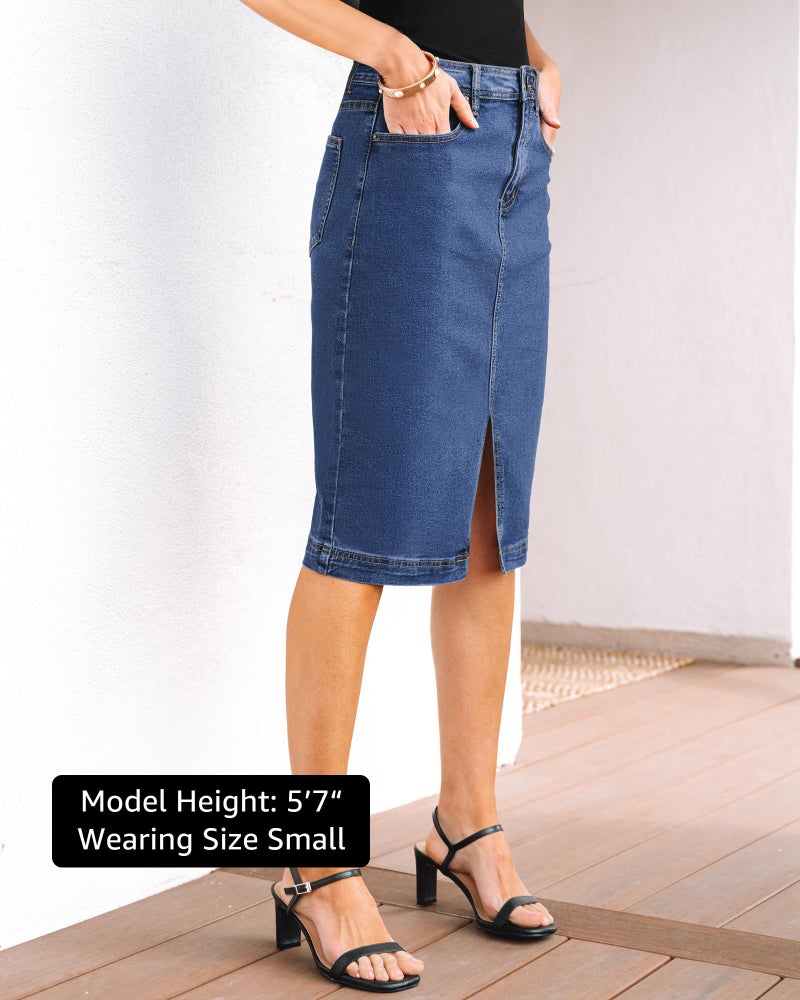 luvamia Women Denim Skirt Stretchy Jean Denim Front Slit Midi Summer Skirts for Women Trendy Classic Blue Size Medium US 8 to 10 - Image 4