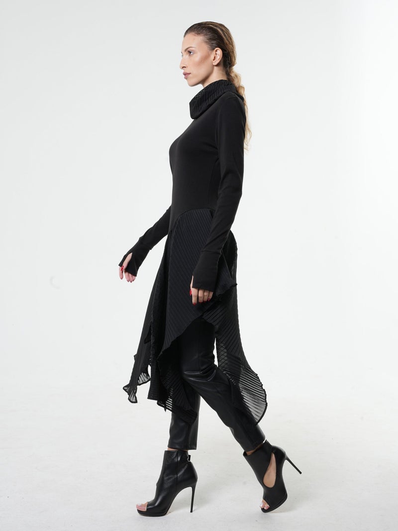 Metamorphoza Turtleneck Black Tunic With Pleated Chiffon Layer - Image 3