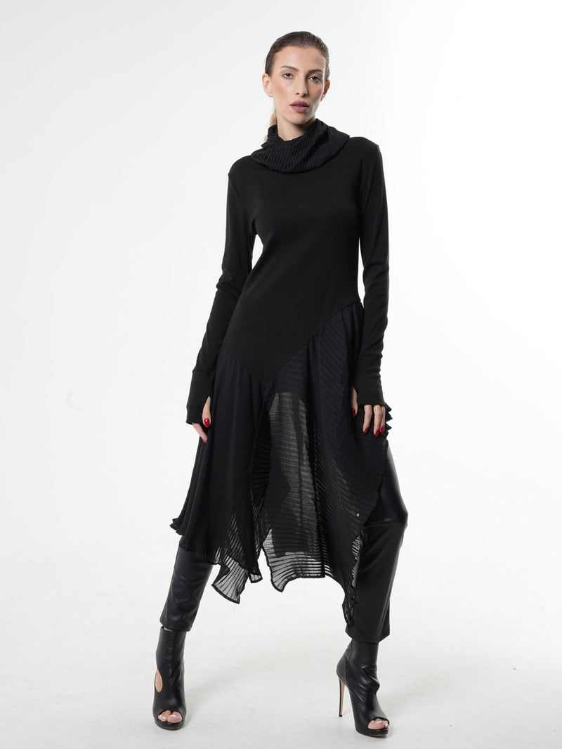 Metamorphoza Turtleneck Black Tunic With Pleated Chiffon Layer - Image 1