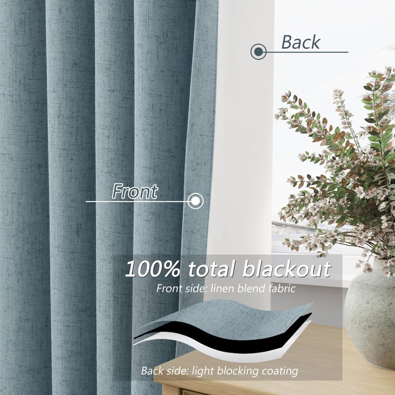 Guken Blue 100% Blackout Linen Curtains 84 Inch Length 2 Panels Set for Living Room Bedroom Back Tab Thermal Insulated Black Out Drapes Room Darkening Window Curtains 84 Inches Long Dusty Blue - Image 4