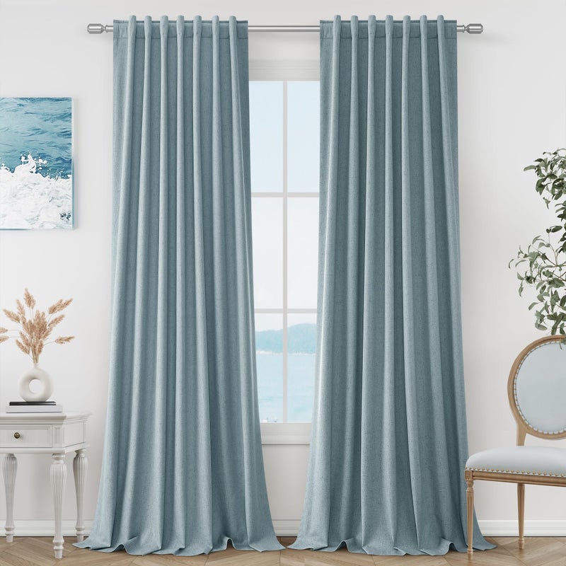 Guken Blue 100% Blackout Linen Curtains 84 Inch Length 2 Panels Set for Living Room Bedroom Back Tab Thermal Insulated Black Out Drapes Room Darkening Window Curtains 84 Inches Long Dusty Blue - Image 1