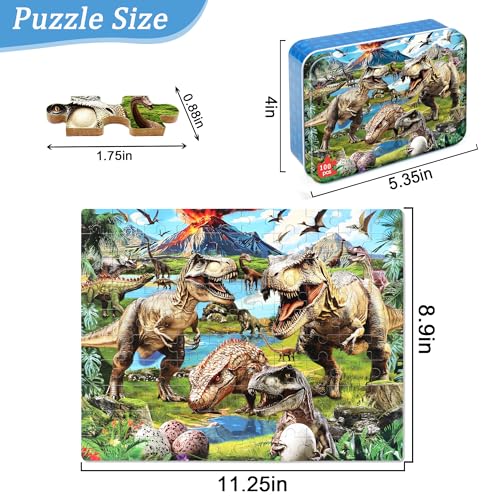 MZZOTOY Dinosaur World Puzzles for Kids Ages 48 100 Pieces Jigsaw Puzzles for Kids Ages 35 Puzzle for Girls and Boys Learning Educational Puzzles Toys in a Metal Box - Image 5