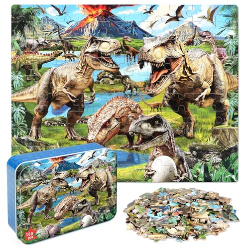 MZZOTOY Dinosaur World Puzzles for Kids Ages 48 100 Pieces Jigsaw Puzzles for Kids Ages 35 Puzzle for Girls and Boys Learning Educational Puzzles Toys in a Metal Box - Image 1