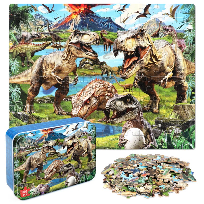 MZZOTOY Dinosaur World Puzzles for Kids Ages 48 100 Pieces Jigsaw Puzzles for Kids Ages 35 Puzzle for Girls and Boys Learning Educational Puzzles Toys in a Metal Box - Image 3