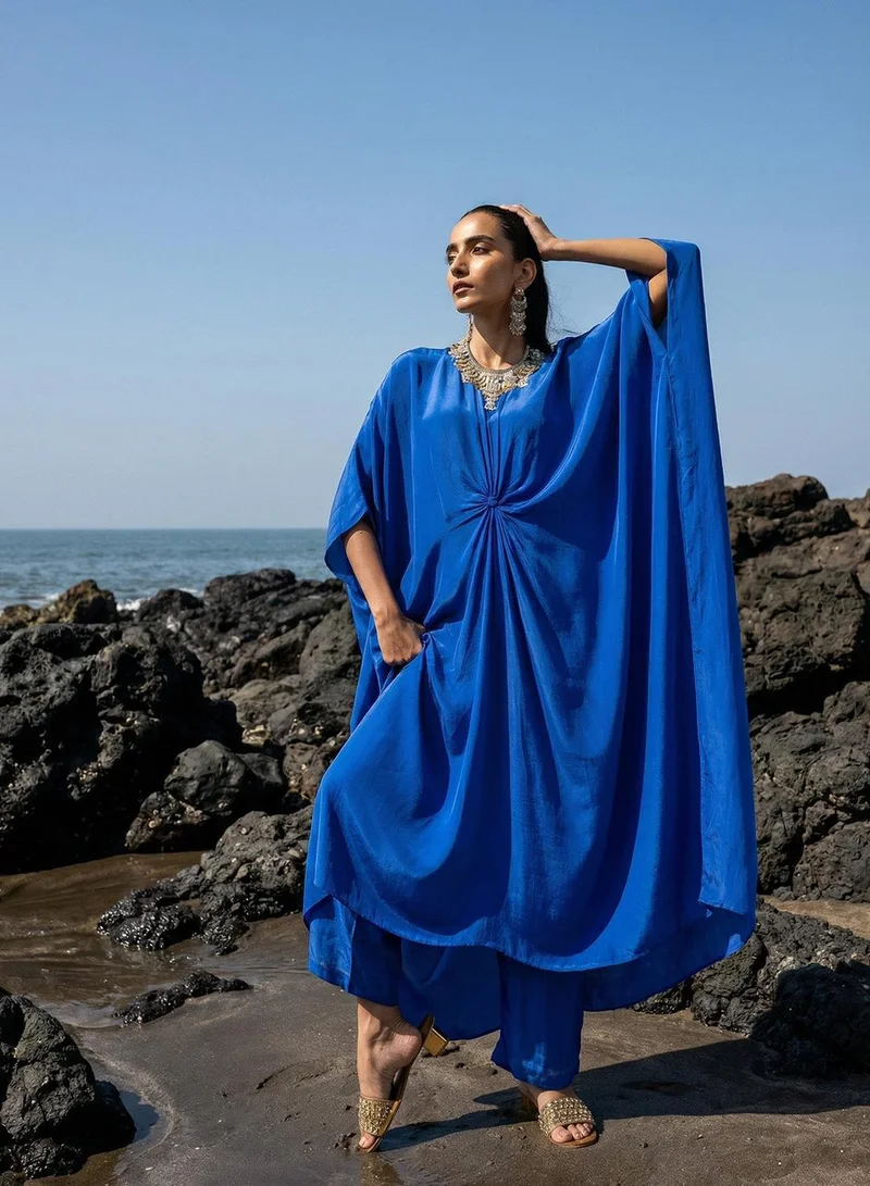 آي شين Blue Poly Embroidered Relaxed A-Line Kaftan & Full Length Palazzo Co-Ords For Women