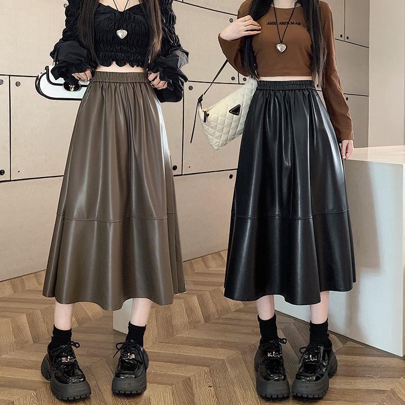 2024 High Waist Pu Leather Washed Leather Skirt Elastic Waist Loose Mid-Length A-Line Skirt Umbrella Skirt - Image 2