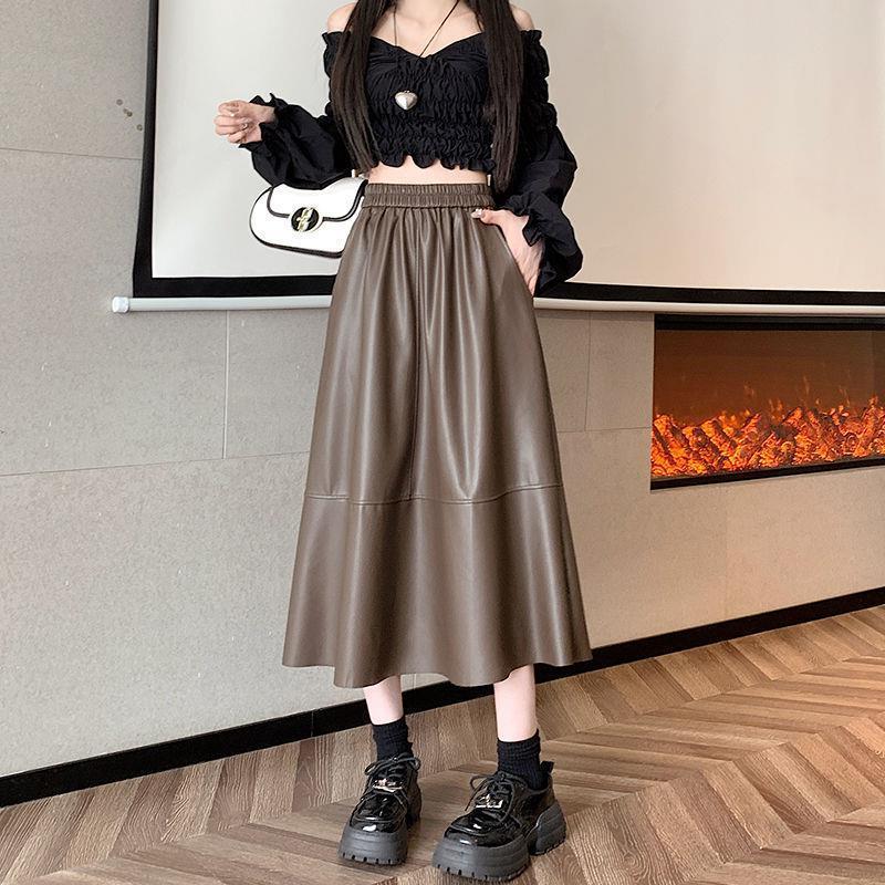 2024 High Waist Pu Leather Washed Leather Skirt Elastic Waist Loose Mid-Length A-Line Skirt Umbrella Skirt - Image 3