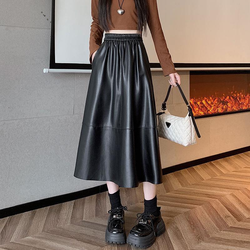 2024 High Waist Pu Leather Washed Leather Skirt Elastic Waist Loose Mid-Length A-Line Skirt Umbrella Skirt - Image 4