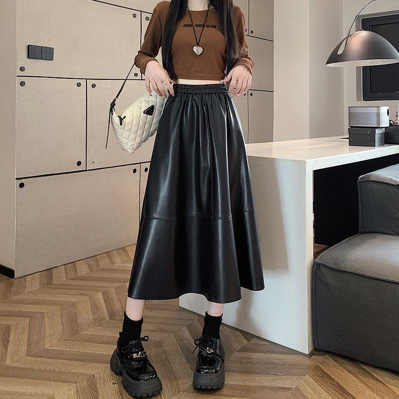 2024 High Waist Pu Leather Washed Leather Skirt Elastic Waist Loose Mid-Length A-Line Skirt Umbrella Skirt - Image 5