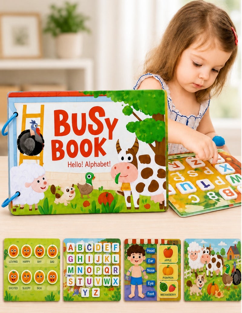 Montessori Busy Book for Toddlers 3+, Reusable Velcro Quiet Book, Preschool Activity Book with English Alphabet, Farm Animals & Matching Games, 10 Interactive Pages - Image 1