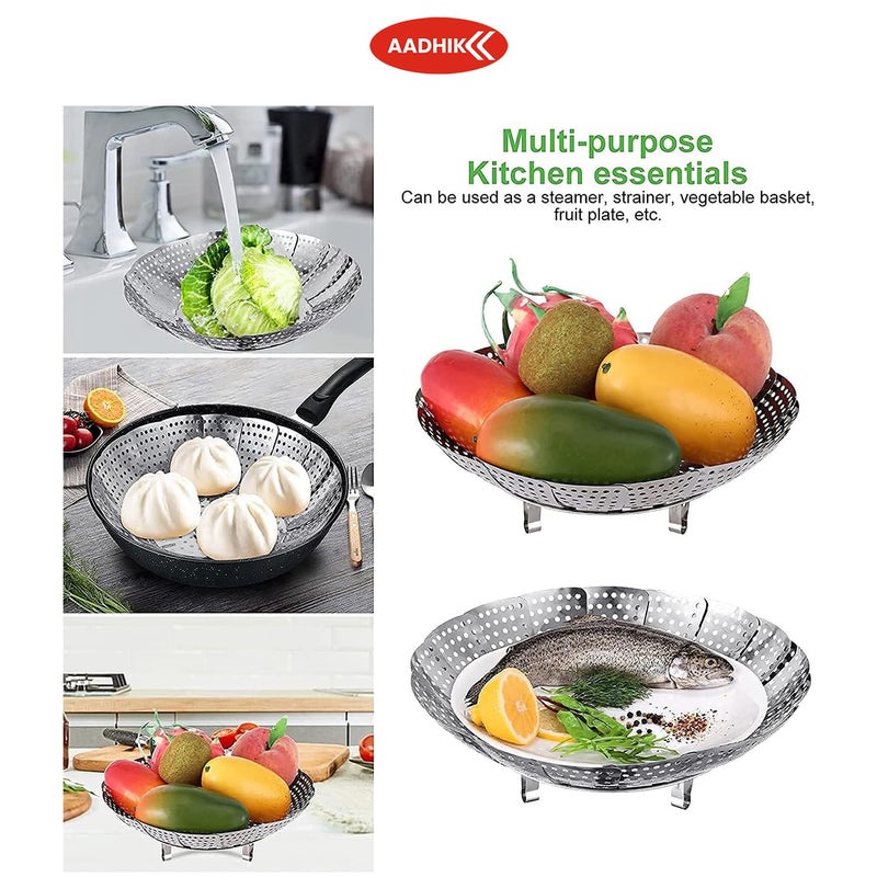 AADHIK Vegetable Steamer Basket Stainless Steel Vegetable Steamer for Cooking Vegetable & Fruits/Salad/Steaming with Insert for Pots, Crock, Pans Food Drain Bowl (Silver) - Image 3