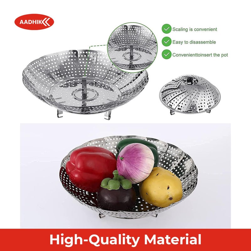 AADHIK Vegetable Steamer Basket Stainless Steel Vegetable Steamer for Cooking Vegetable & Fruits/Salad/Steaming with Insert for Pots, Crock, Pans Food Drain Bowl (Silver) - Image 4