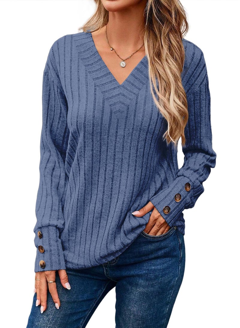 Dokotoo Womens Tops V Neck Long Sleeve Shirts for Women Button Detail Tunic Top Womens Blouses Dressy Soft Elastic Solid Casual Sweaters for Women 2025 Trendy Early Fall Fashion Blue L - Image 1