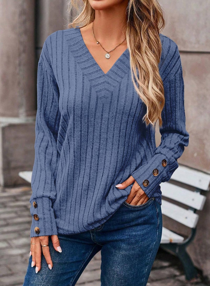 Dokotoo Womens Tops V Neck Long Sleeve Shirts for Women Button Detail Tunic Top Womens Blouses Dressy Soft Elastic Solid Casual Sweaters for Women 2025 Trendy Early Fall Fashion Blue L - Image 2