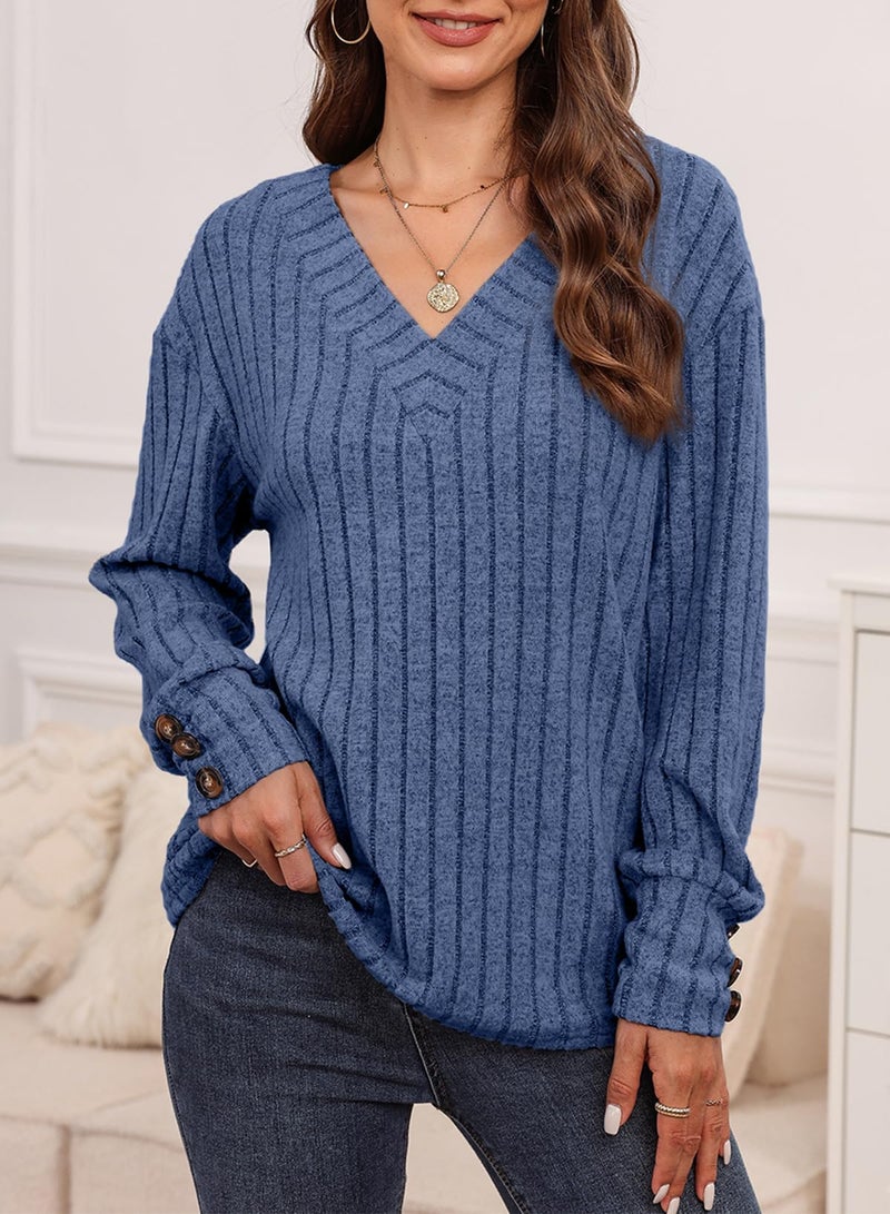 Dokotoo Womens Tops V Neck Long Sleeve Shirts for Women Button Detail Tunic Top Womens Blouses Dressy Soft Elastic Solid Casual Sweaters for Women 2025 Trendy Early Fall Fashion Blue L - Image 5