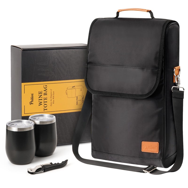 Philiva 3 Bottle Wine Tote Bag with Tumblers and Opener, Portable Wine Carrier Purse for Travel/Picnic/Beach/Pool/Events/Hiking, Black - Image 1