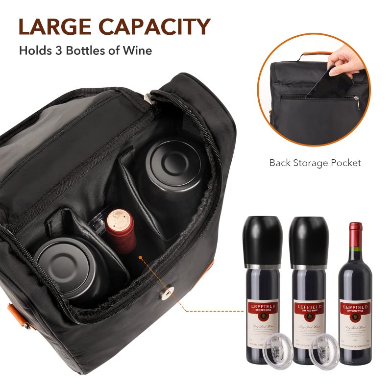 Philiva 3 Bottle Wine Tote Bag with Tumblers and Opener, Portable Wine Carrier Purse for Travel/Picnic/Beach/Pool/Events/Hiking, Black - Image 2