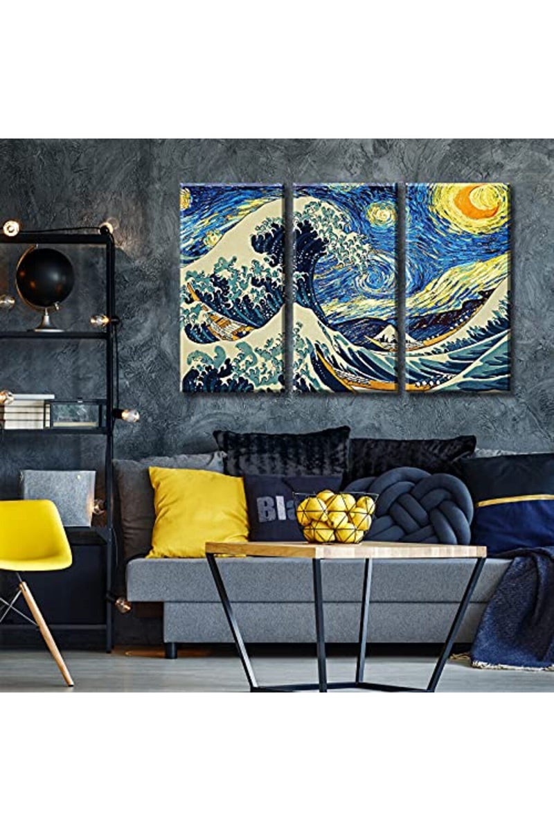 DJSYLIFE The Great Wave Poster Canvas Prints Wall Art Starry Night Painting Reproduction Decor 12" Wx 24" H x 3 Panels - Image 2