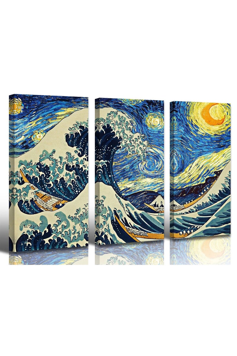 DJSYLIFE The Great Wave Poster Canvas Prints Wall Art Starry Night Painting Reproduction Decor 12" Wx 24" H x 3 Panels - Image 1