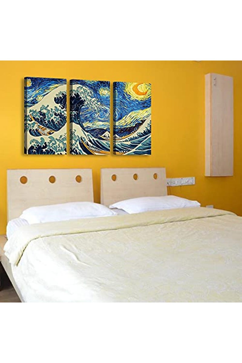 DJSYLIFE The Great Wave Poster Canvas Prints Wall Art Starry Night Painting Reproduction Decor 12" Wx 24" H x 3 Panels - Image 3