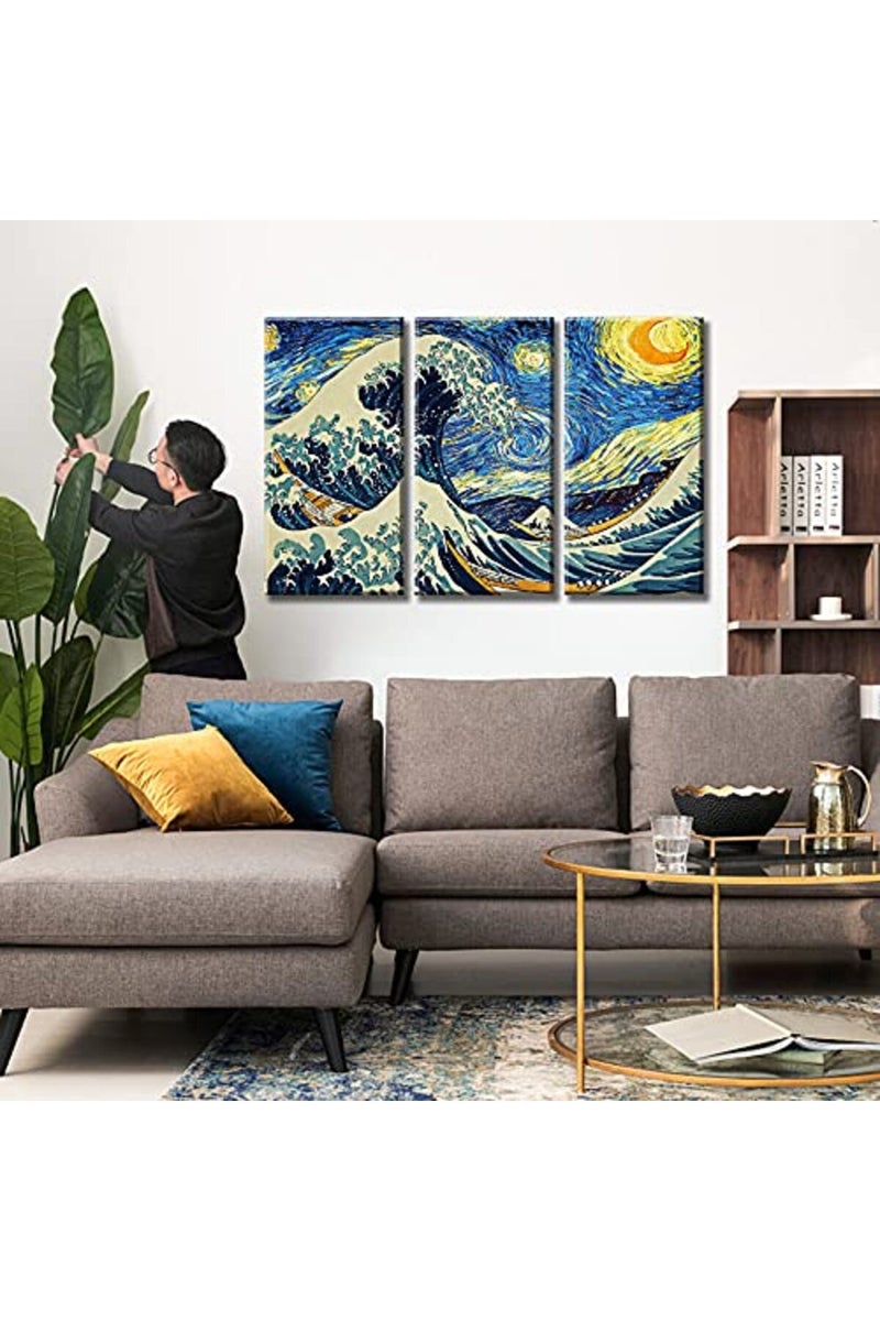 DJSYLIFE The Great Wave Poster Canvas Prints Wall Art Starry Night Painting Reproduction Decor 12" Wx 24" H x 3 Panels - Image 5