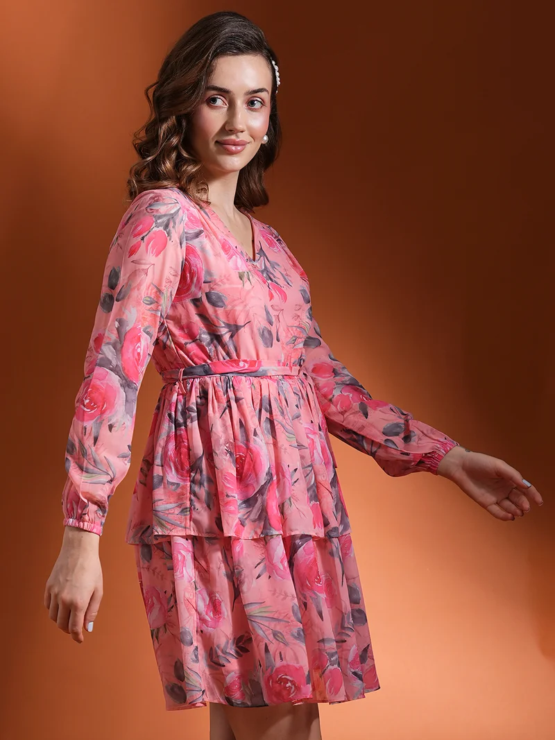 globus Women Floral Print Layered Georgette Fit & Flare Dress
