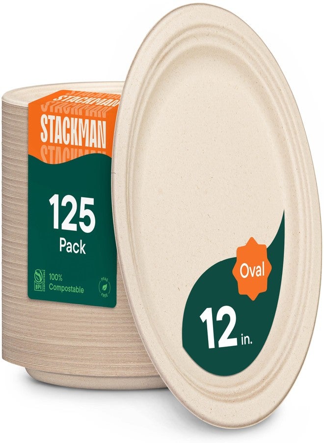 Stack Man 12 Inch Oval Paper Plates Heavy Duty Disposable - [125-Count] Biodegradable Sugarcane Bagasse Platters, Perfect for Thanksgiving Turkey & BBQ, Microwave Safe, PFAS-Free Sturdy Eco-Friendly - Image 1