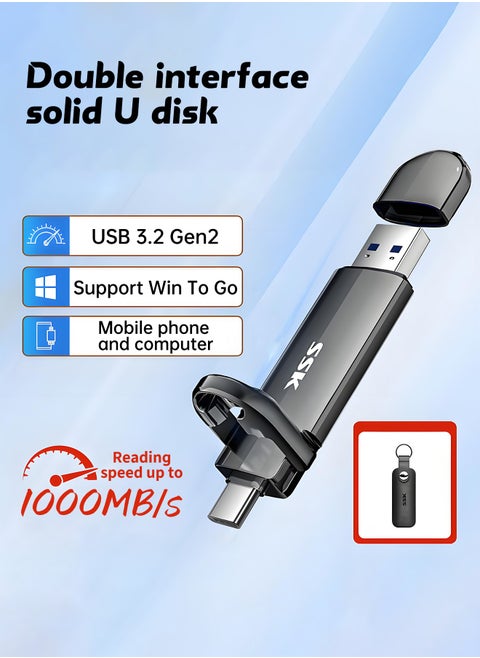 محمول SSD 1TB USB C Thumb Drive يصل إلى 1000MB/ثانية، سريع USB C فلاش محرك الأقراص المزدوج، خارجي SSD فلاش محرك الأقراص نوع C+USB A 3.2 Gen 2 فلاش درايف، USB C Memory Stick for iPhone 15/PS4/Android Phone/Tablet/Windows/Mac