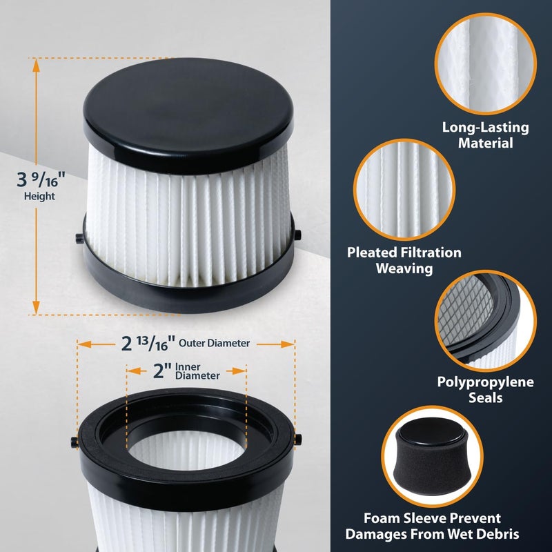 POWERTEC DCV5011H HEPA Filters for DeWalt DCV501HB 20V Cordless Handheld Vacuum 4 Pack w/ 8 Pack Foam Sleeve Filters, Cartridge Filter for DeWalt Vacuums (75123) - Image 2