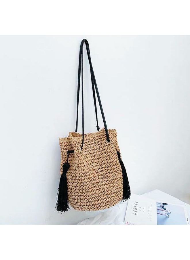 Loquat Straw Bag Women's Summer Seaside Holiday Beach Bag Single Shoulder Crossbody Bucket Bag Tassel Bohemian Straw Bag-Color:Beige  - Image 2