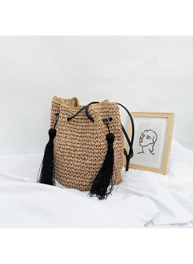Loquat Straw Bag Women's Summer Seaside Holiday Beach Bag Single Shoulder Crossbody Bucket Bag Tassel Bohemian Straw Bag-Color:Beige  - Image 3