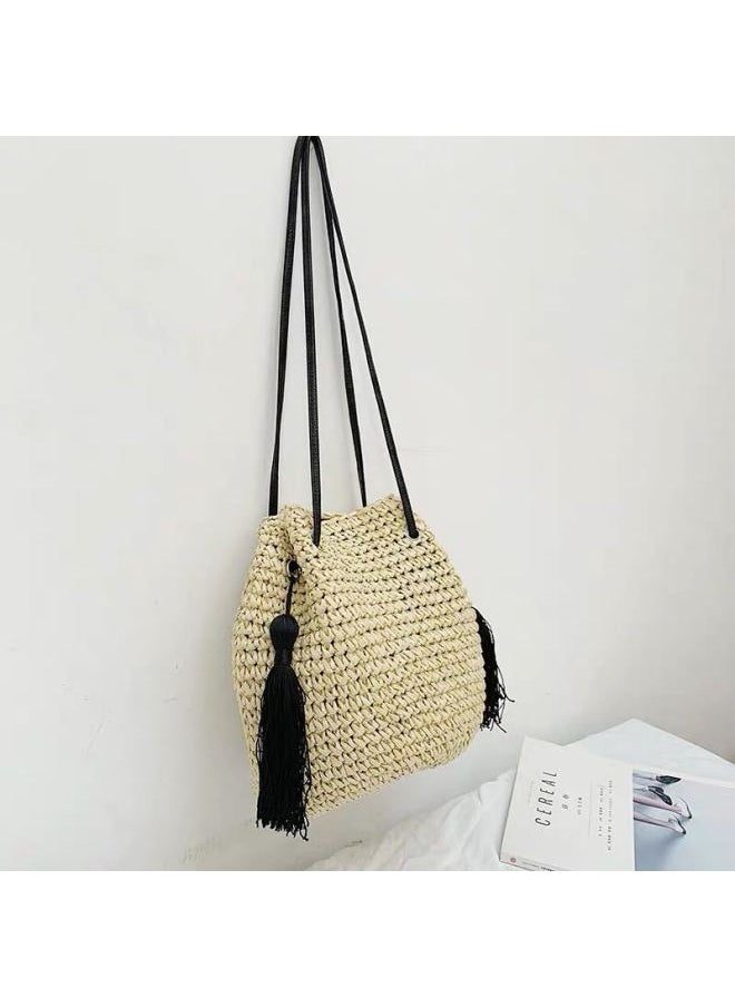 Loquat Straw Bag Women's Summer Seaside Holiday Beach Bag Single Shoulder Crossbody Bucket Bag Tassel Bohemian Straw Bag-Color:Beige  - Image 4
