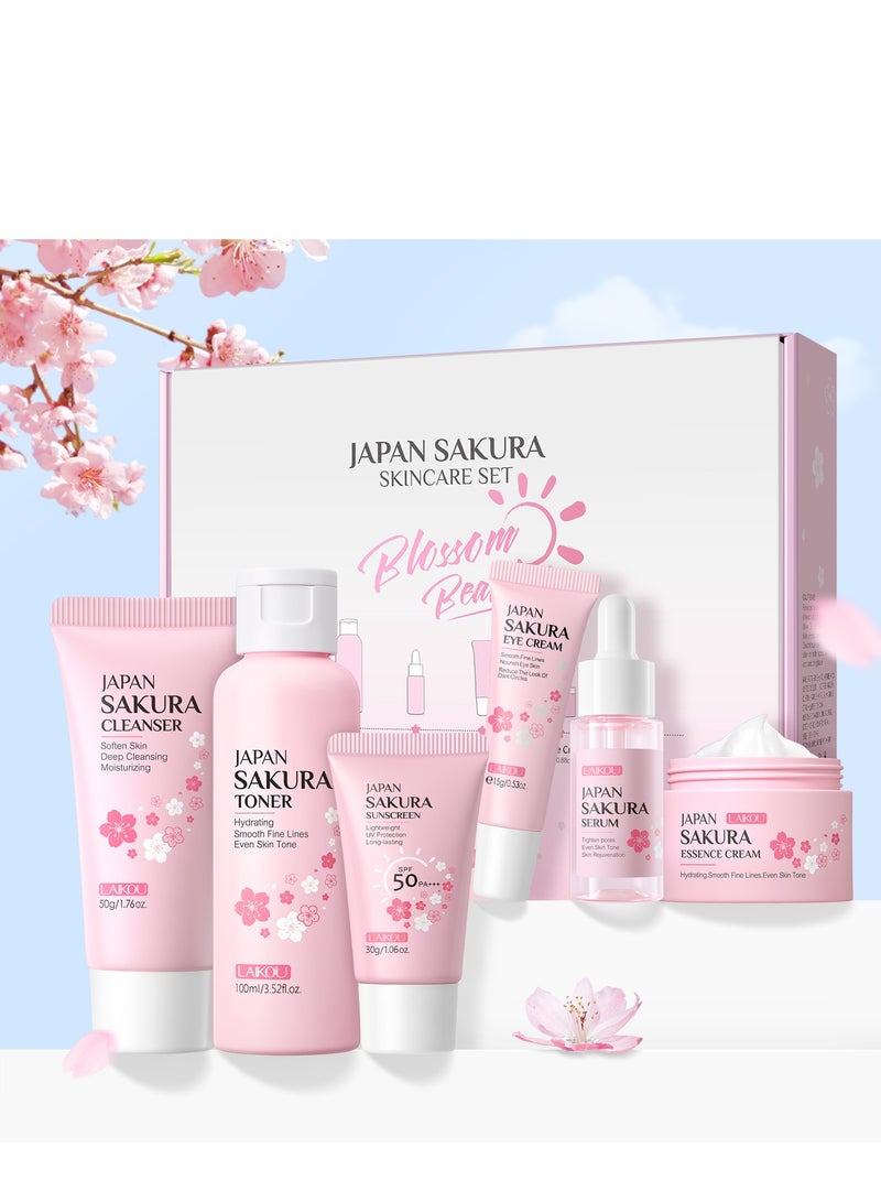 Laikou 6 Pcs Skin Care Set SAKURA Women Beauty Gift Sets Skin Care Kit with Serum, Eye Cream, Face Cream Travel Kit for Women Wife Mom Teen Girls TSA-friendly Sizes Birthday Gift - Image 1