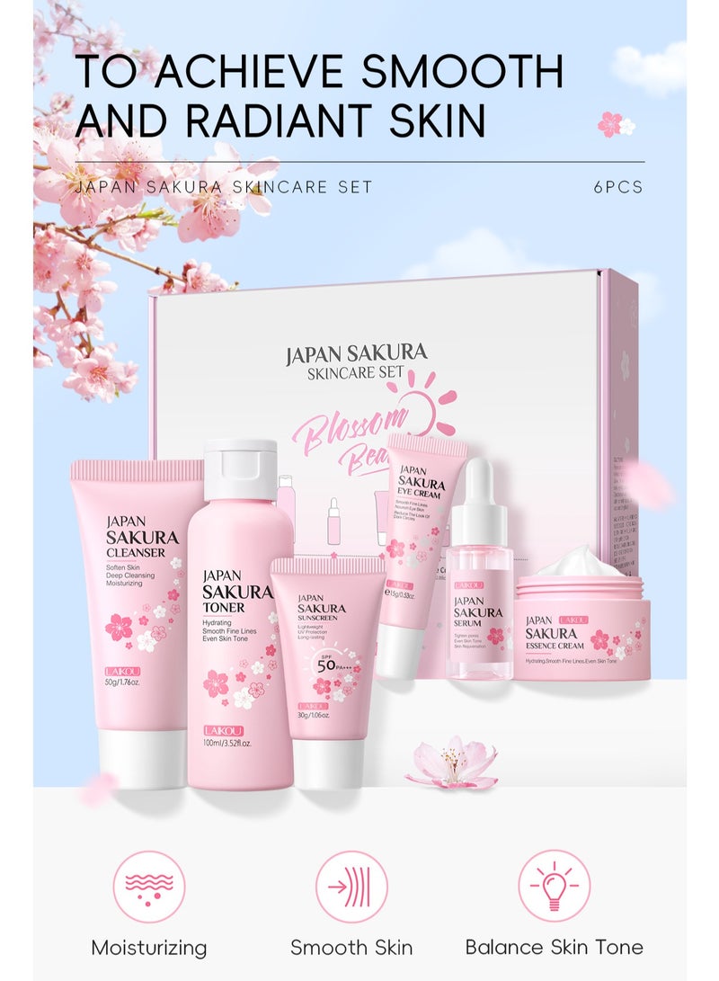 Laikou 6 Pcs Skin Care Set SAKURA Women Beauty Gift Sets Skin Care Kit with Serum, Eye Cream, Face Cream Travel Kit for Women Wife Mom Teen Girls TSA-friendly Sizes Birthday Gift - Image 2