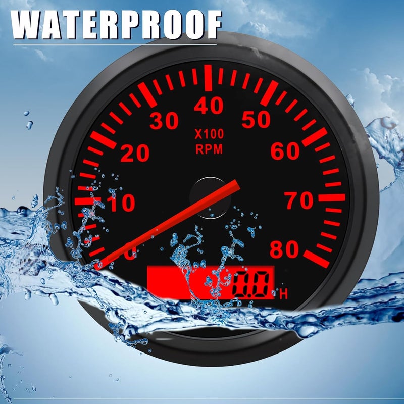Geloo 85MM Boat RPM Tachometer - Waterproof Outboard Tachometer 0-8000RPM Tacho Meter for Car Truck Marine Diesel Gasoline Engine RPM Tacho Gauge 9-32V with LCD Hourmeter Red Backlight - Image 2