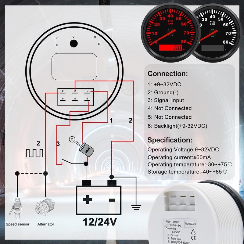 Geloo 85MM Boat RPM Tachometer - Waterproof Outboard Tachometer 0-8000RPM Tacho Meter for Car Truck Marine Diesel Gasoline Engine RPM Tacho Gauge 9-32V with LCD Hourmeter Red Backlight - Image 3