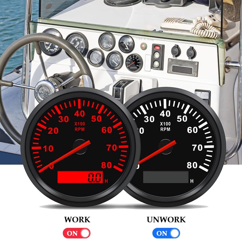 Geloo 85MM Boat RPM Tachometer - Waterproof Outboard Tachometer 0-8000RPM Tacho Meter for Car Truck Marine Diesel Gasoline Engine RPM Tacho Gauge 9-32V with LCD Hourmeter Red Backlight - Image 4