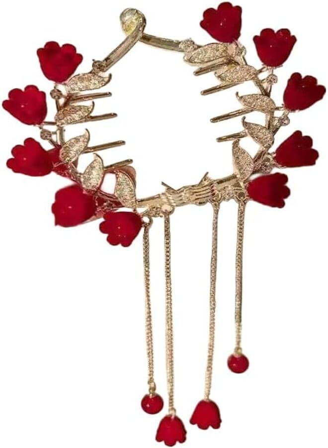 Women’s Round Metal Hair Clip Claw with Crystal, Pearl & Flower Embellishment Size 16.5 cm - Strong Grip Hair Accessory, Non-Slip Design (Gold & Red)