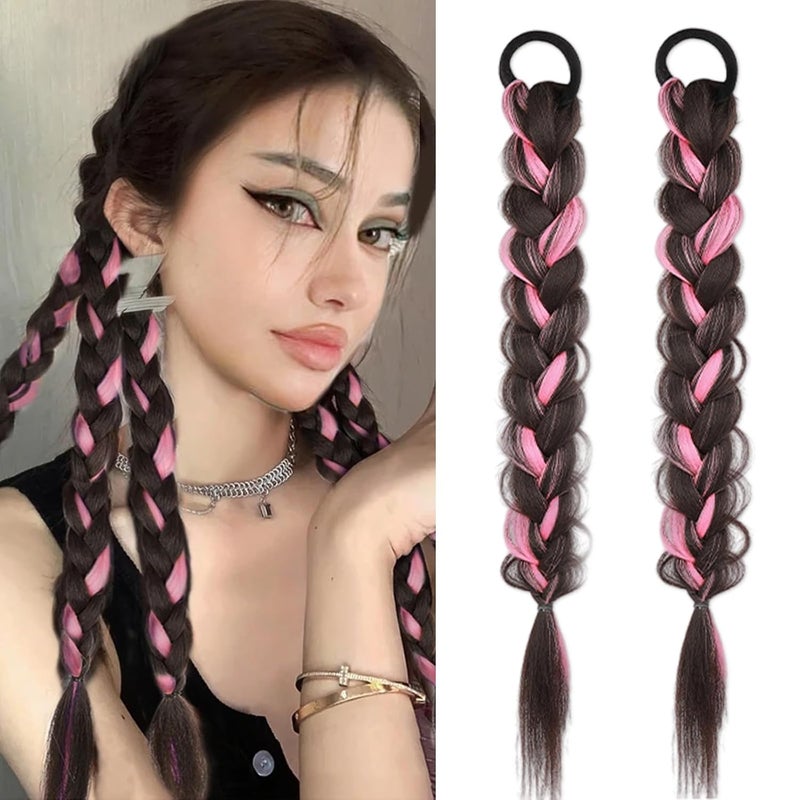 2Pcs Braided Ponytail Extensions with Hair Ties Soft Synthetic Hair Pieces for Women Girls Daily Wear 16 Inch Multicolor