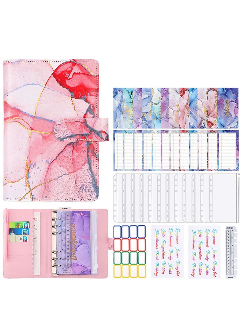 SYOSI Budget Binder with Zipper Envelopes, Cash Envelopes for Budgeting, A6 PU Leather Budget Binder Planner with 12 Pcs Clear Zipper Envelopes, 12 Pcs Budget Sheets for Budgeting, Saving Money(Pink)  - Image 1