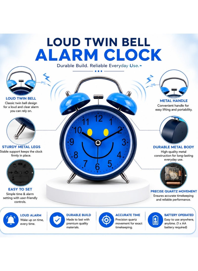 Casa Bella The Brand Mini Twin Bell Analog Alarm Clock with Smiley Face, Loud Bell Desk Clock, Cute Metal Bedside Clock for Kids Bedroom, Office Desk, Study Table, Travel & Home Decor, Battery Operated, Multiple Colors - Image 3